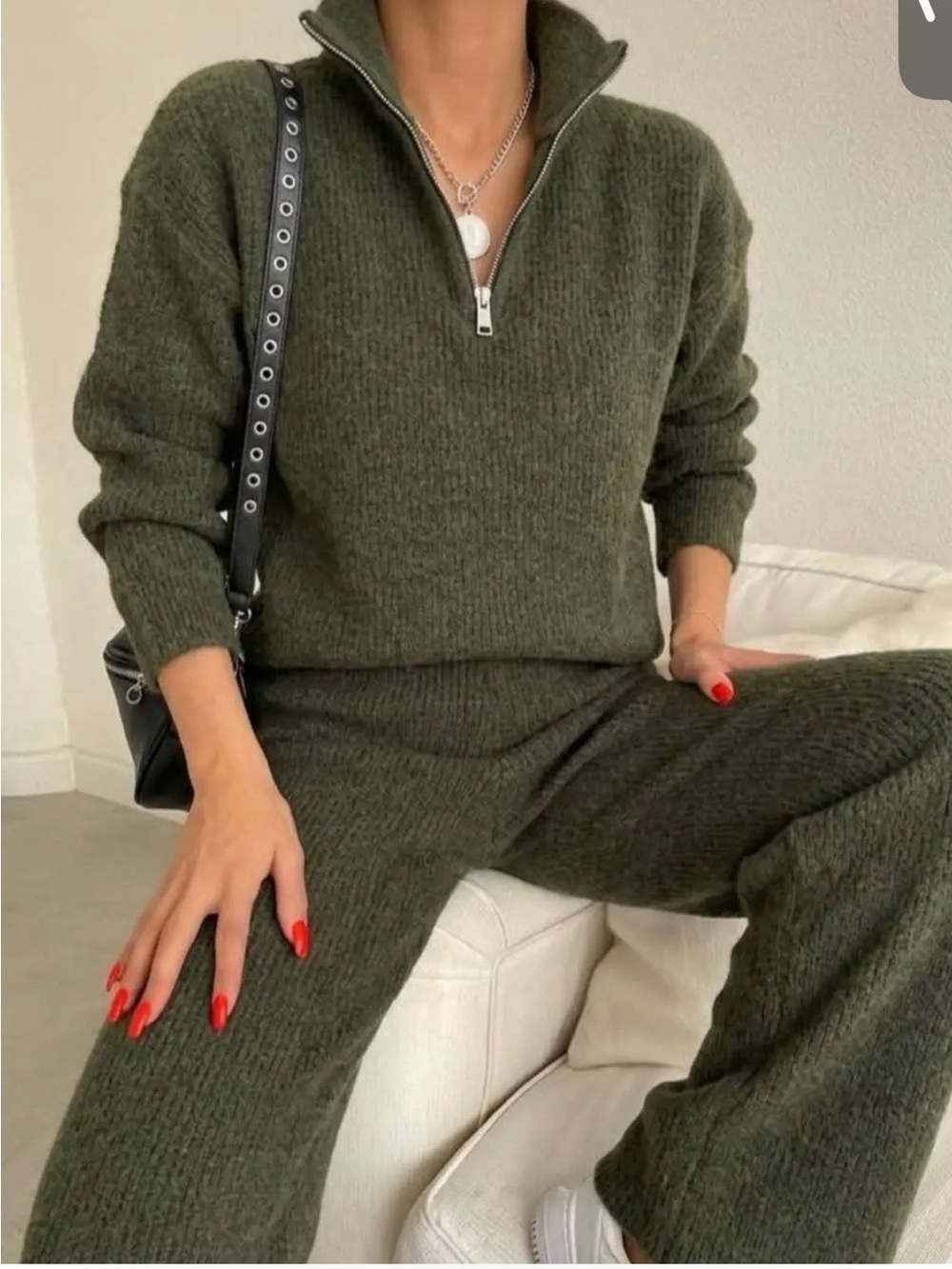 Aerie women Olive Knit Half-Zip Sweater & Long Pants Set